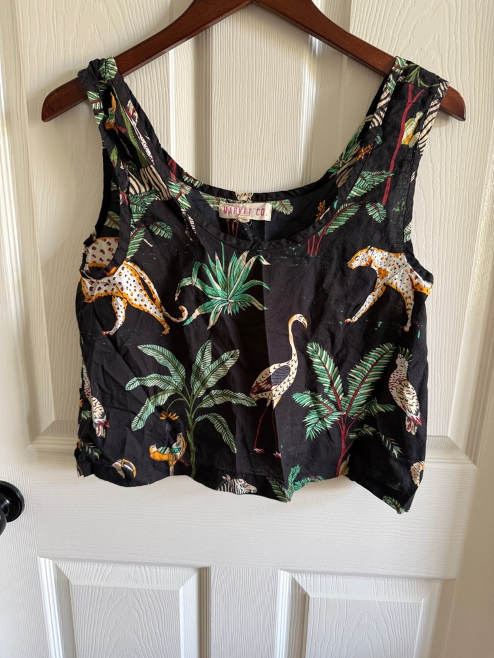 Arket Black Tropical Print Crop Top with Green and Cream Accents